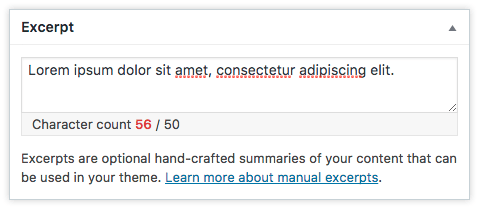 Screenshot of excerpt metabox with character counter.